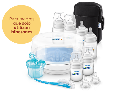 Productos b&aacute;sicos de alimentaci&oacute;n con biber&oacute;n: biberones, esterilizador a vapor Philips Avent